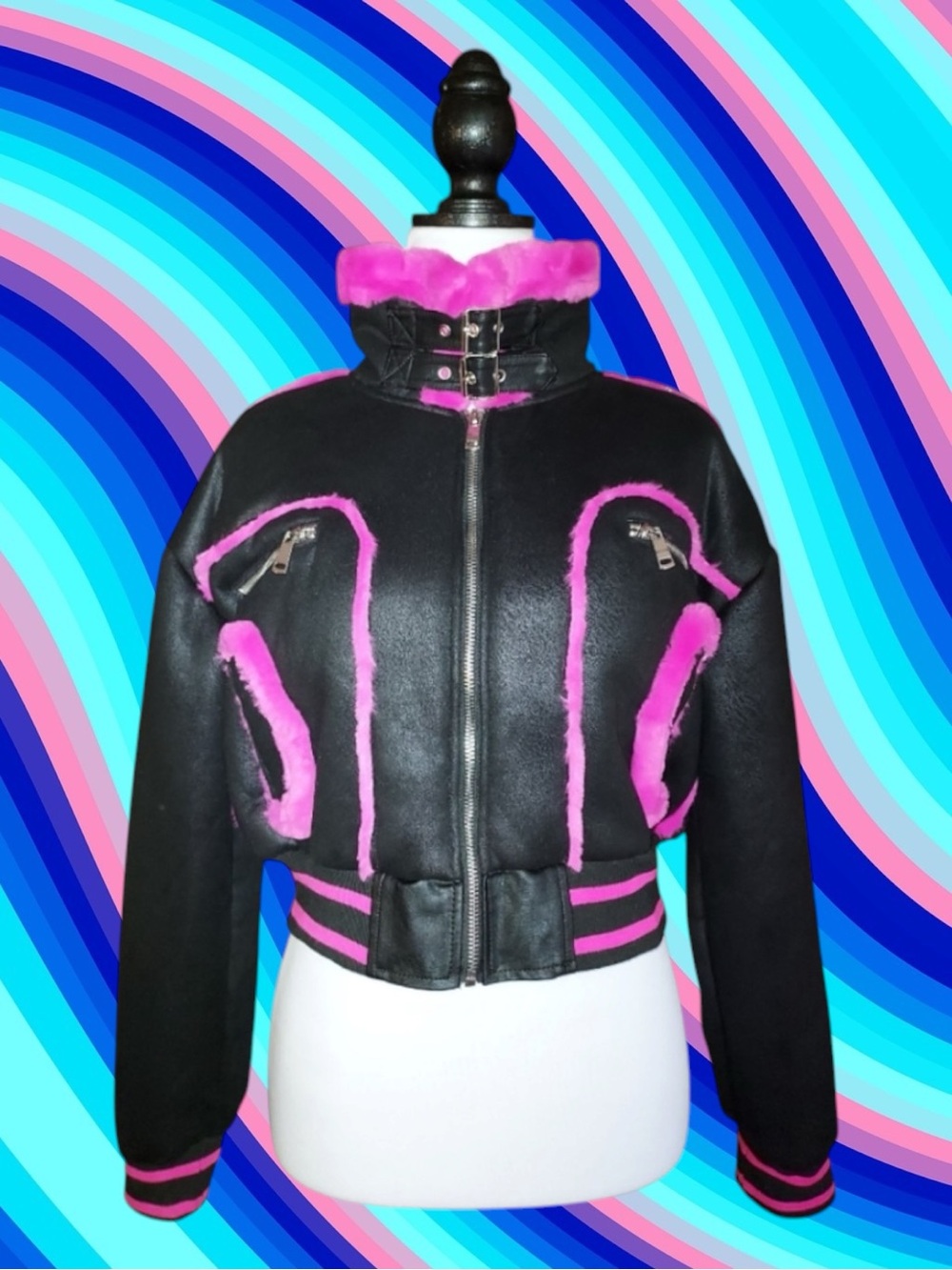 B. Coature NWT Glam Baddie Barbiecore Cyberpunk Festival Moto Faux Fur Jacket L